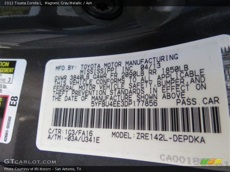 Magnetic Gray Metallic / Ash 2013 Toyota Corolla L