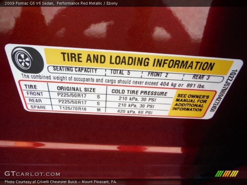 Info Tag of 2009 G6 V6 Sedan