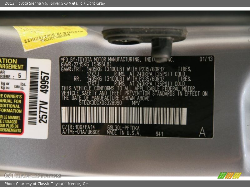 Silver Sky Metallic / Light Gray 2013 Toyota Sienna V6