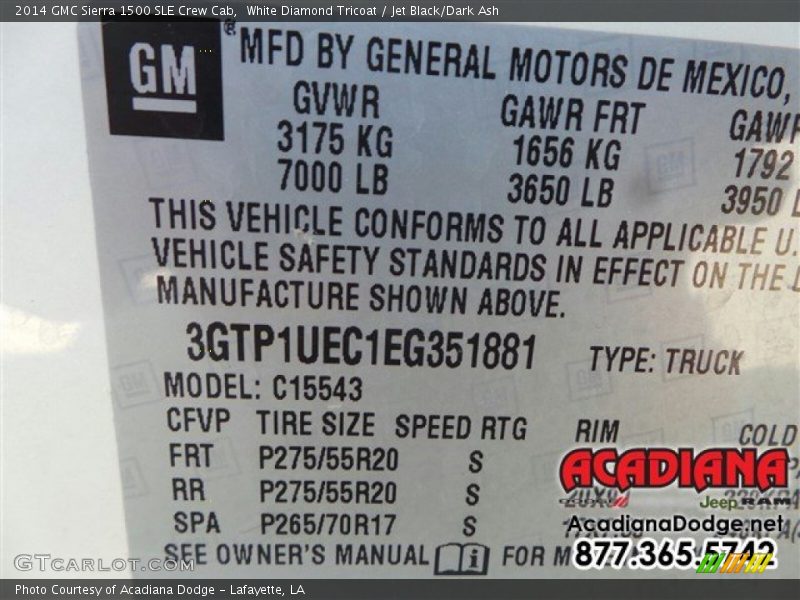 White Diamond Tricoat / Jet Black/Dark Ash 2014 GMC Sierra 1500 SLE Crew Cab