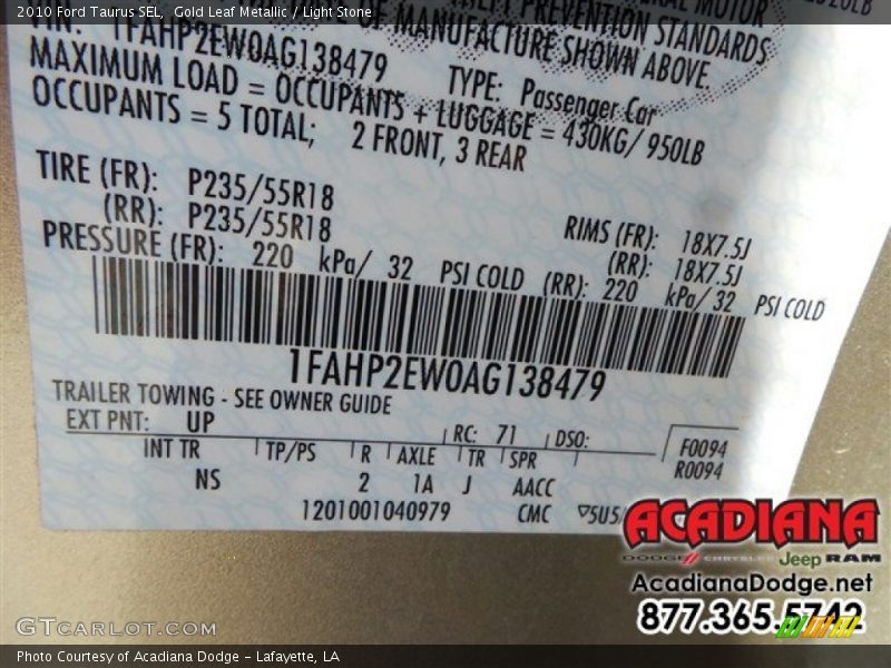 Gold Leaf Metallic / Light Stone 2010 Ford Taurus SEL