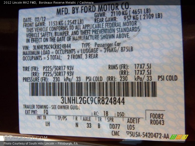 Bordeaux Reserve Metallic / Cashmere 2012 Lincoln MKZ FWD