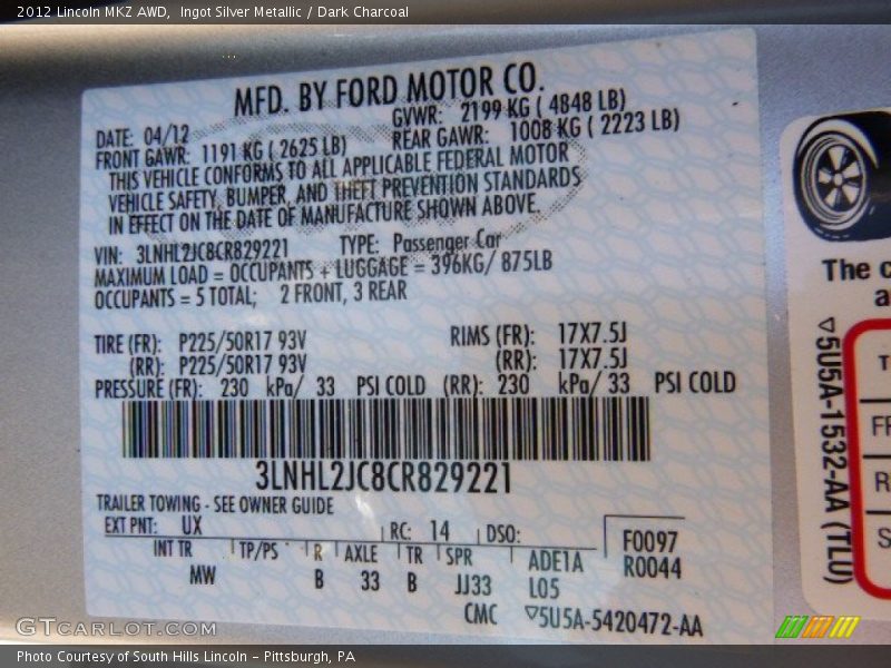 Ingot Silver Metallic / Dark Charcoal 2012 Lincoln MKZ AWD
