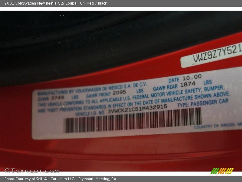 Uni Red / Black 2001 Volkswagen New Beetle GLS Coupe