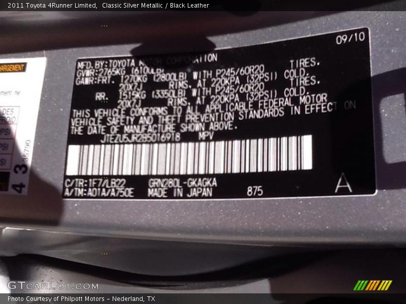 Classic Silver Metallic / Black Leather 2011 Toyota 4Runner Limited