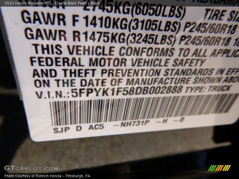 Crystal Black Pearl / Black 2013 Honda Ridgeline RTL