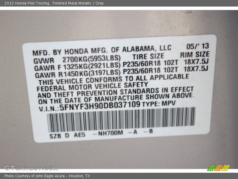 Polished Metal Metallic / Gray 2013 Honda Pilot Touring