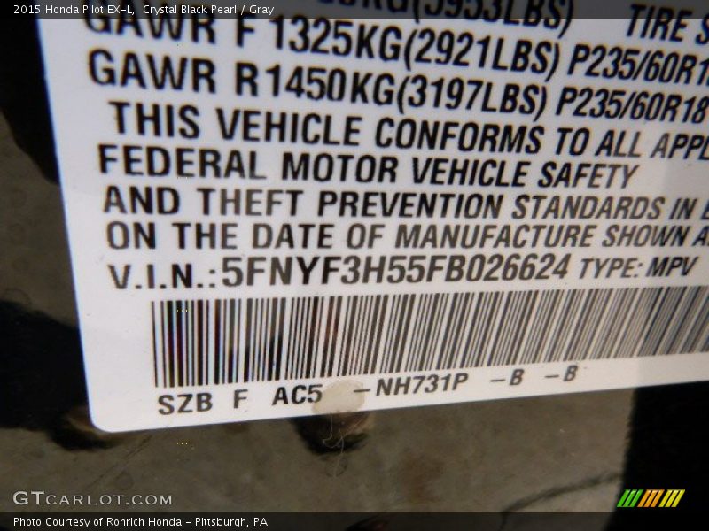 Crystal Black Pearl / Gray 2015 Honda Pilot EX-L