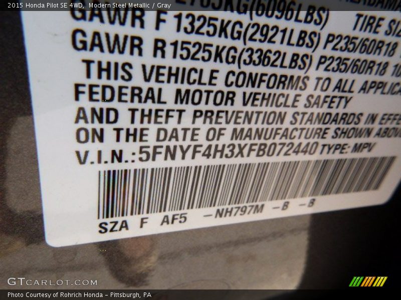 Modern Steel Metallic / Gray 2015 Honda Pilot SE 4WD
