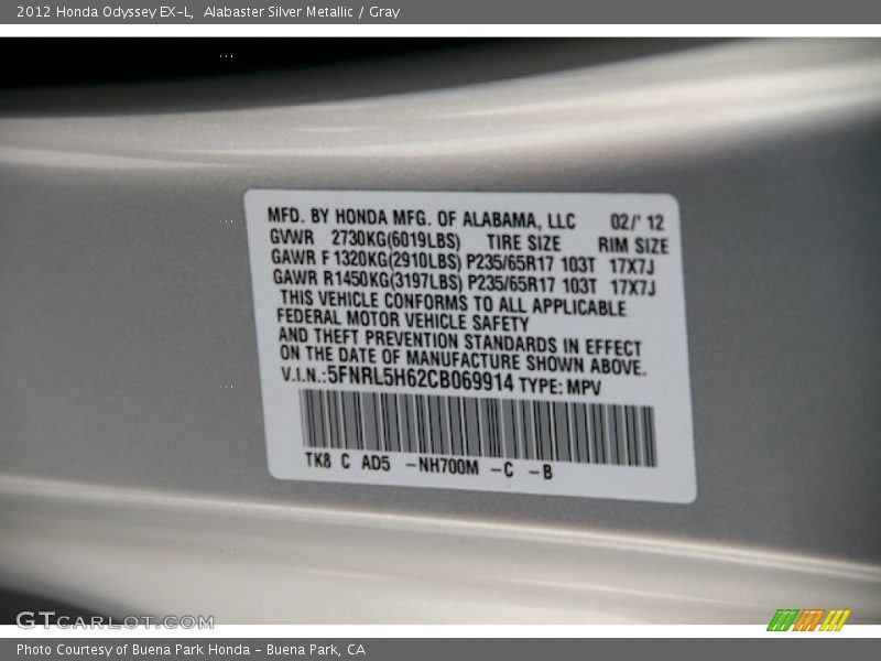 Alabaster Silver Metallic / Gray 2012 Honda Odyssey EX-L