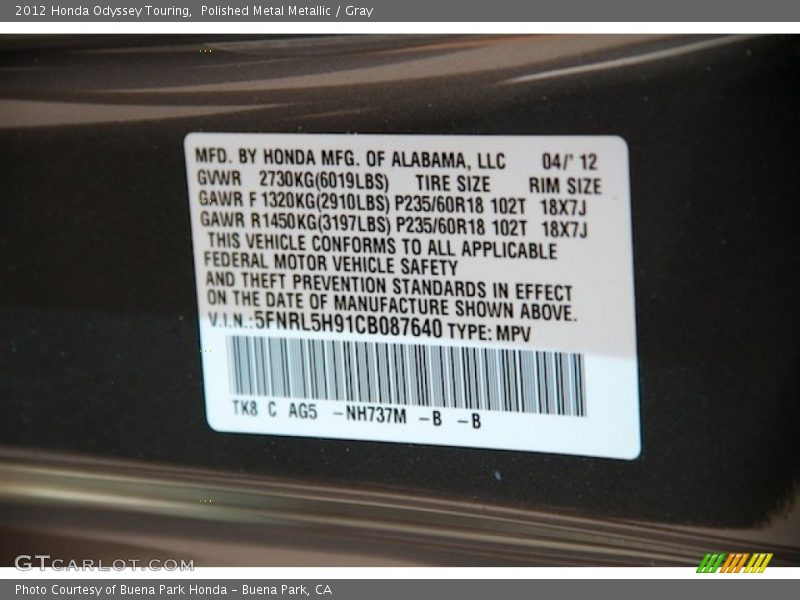 Polished Metal Metallic / Gray 2012 Honda Odyssey Touring