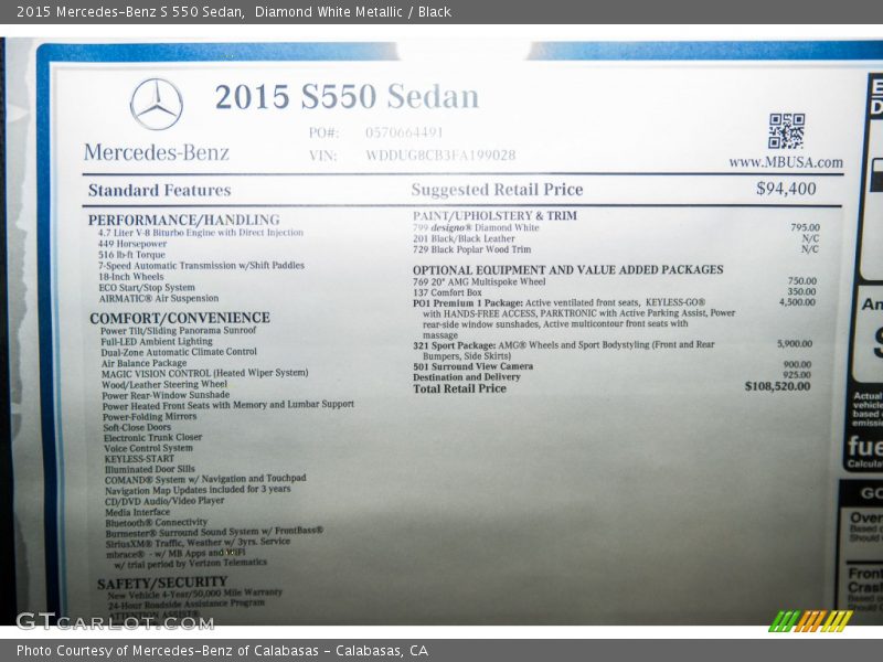 Diamond White Metallic / Black 2015 Mercedes-Benz S 550 Sedan