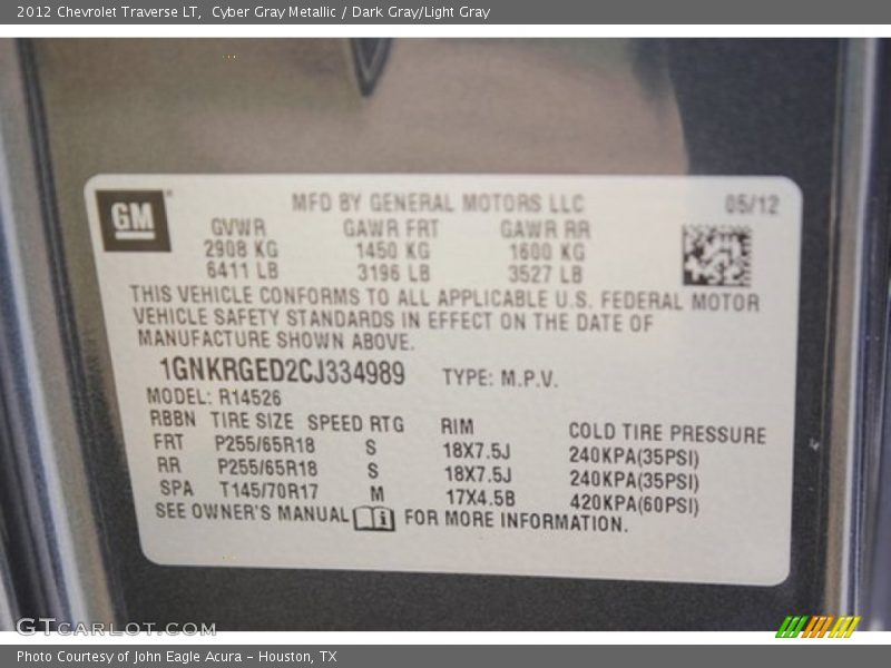 Cyber Gray Metallic / Dark Gray/Light Gray 2012 Chevrolet Traverse LT