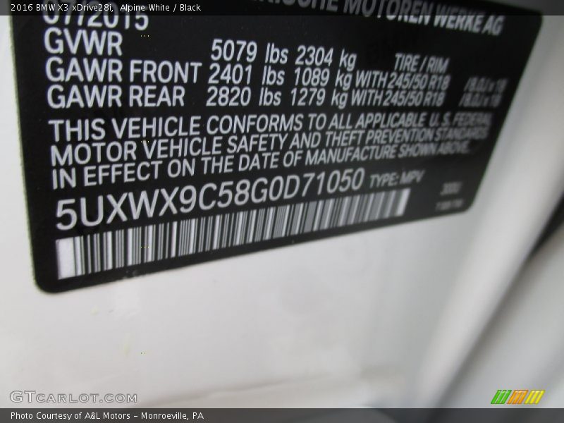 Alpine White / Black 2016 BMW X3 xDrive28i