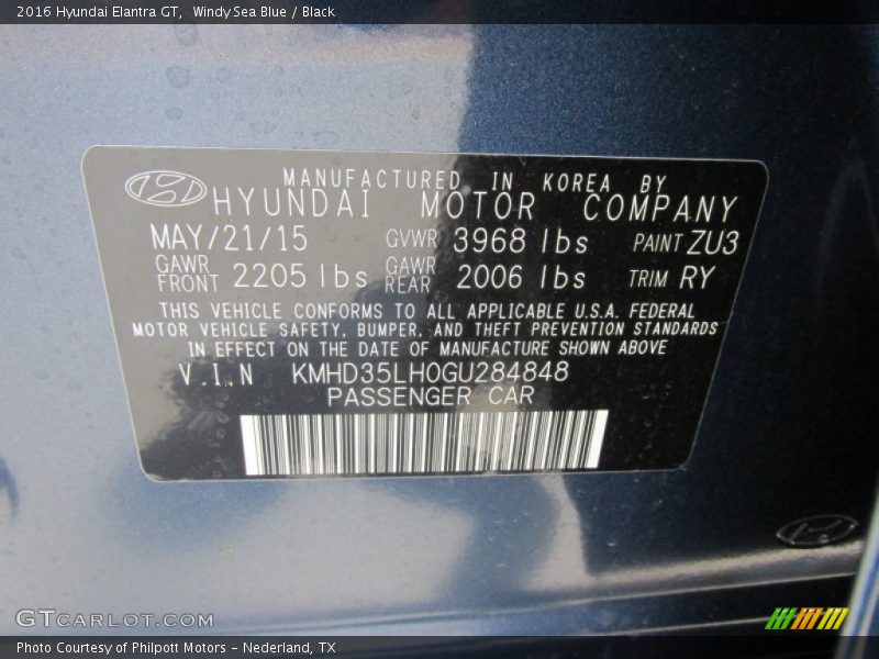 2016 Elantra GT  Windy Sea Blue Color Code ZU3