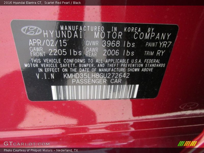 2016 Elantra GT  Scarlet Red Pearl Color Code YR7
