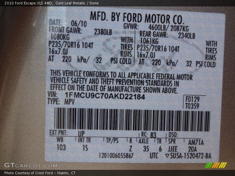 Gold Leaf Metallic / Stone 2010 Ford Escape XLS 4WD