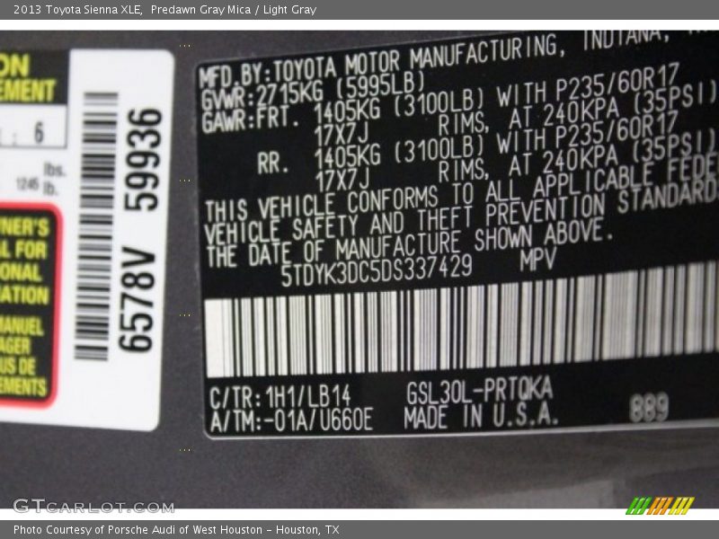 Predawn Gray Mica / Light Gray 2013 Toyota Sienna XLE