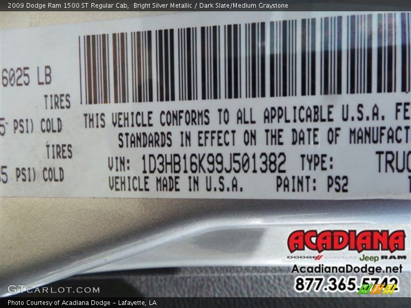 Bright Silver Metallic / Dark Slate/Medium Graystone 2009 Dodge Ram 1500 ST Regular Cab