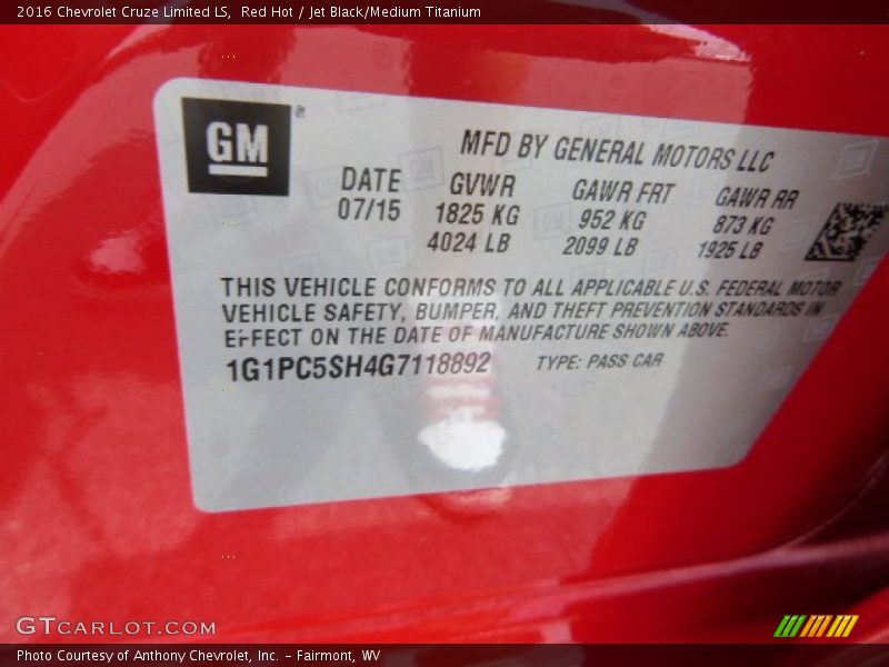 Red Hot / Jet Black/Medium Titanium 2016 Chevrolet Cruze Limited LS