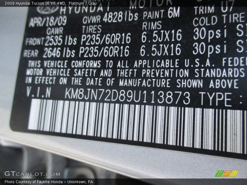 Platinum / Gray 2009 Hyundai Tucson SE V6 4WD