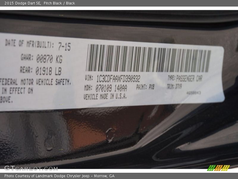Pitch Black / Black 2015 Dodge Dart SE