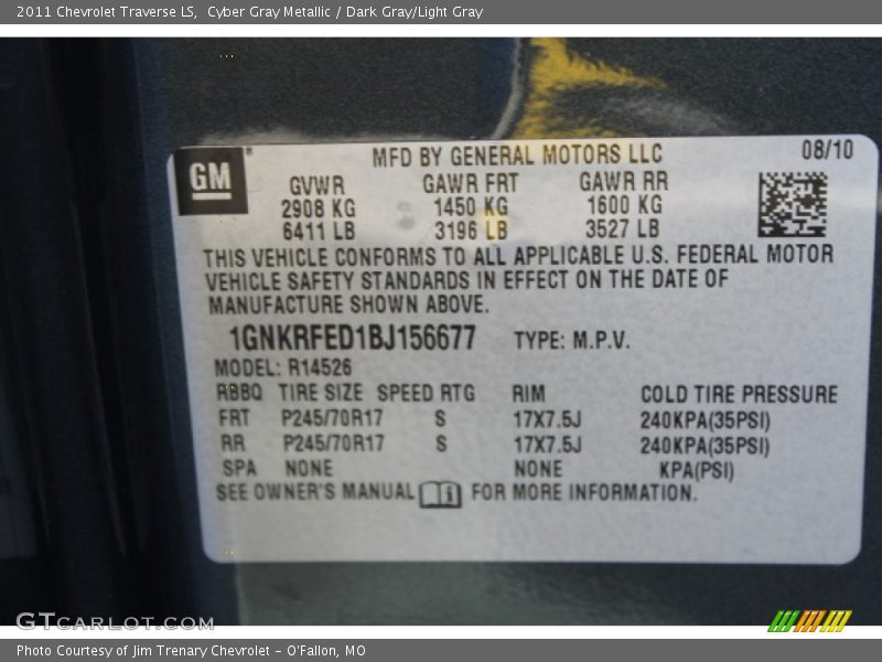 Cyber Gray Metallic / Dark Gray/Light Gray 2011 Chevrolet Traverse LS