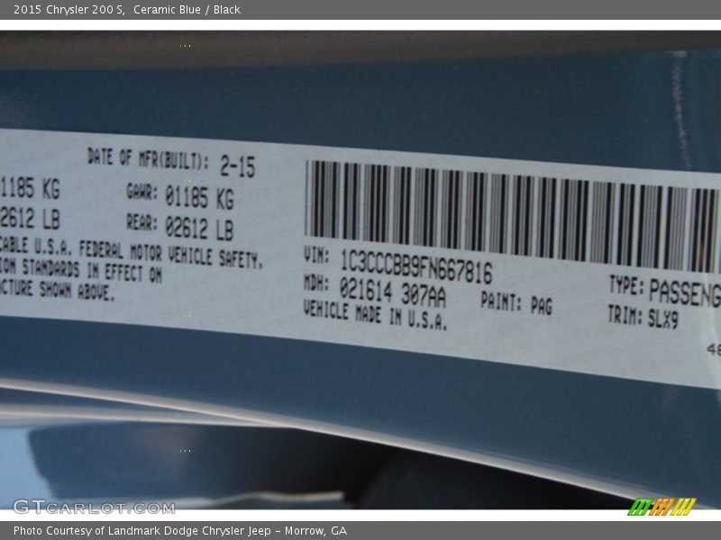 Ceramic Blue / Black 2015 Chrysler 200 S