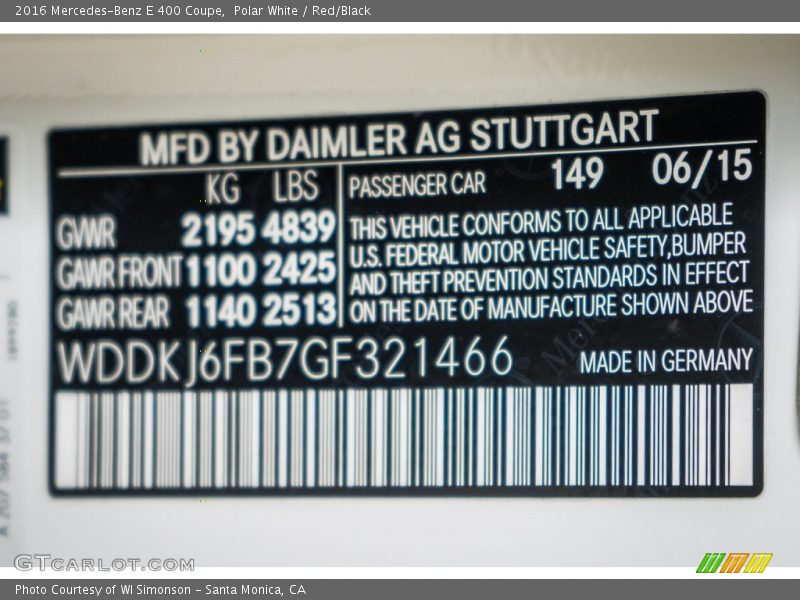 2016 E 400 Coupe Polar White Color Code 149