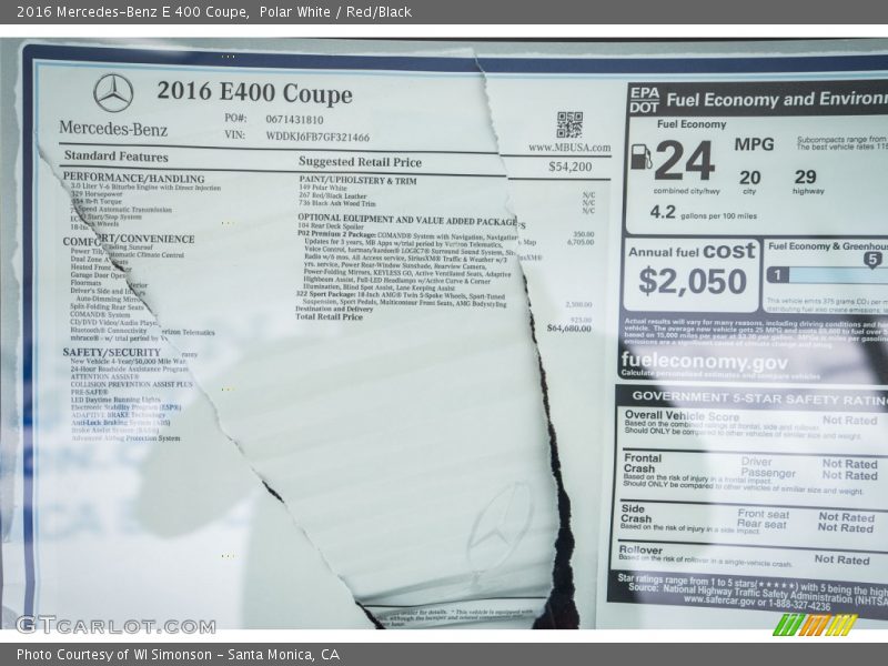  2016 E 400 Coupe Window Sticker