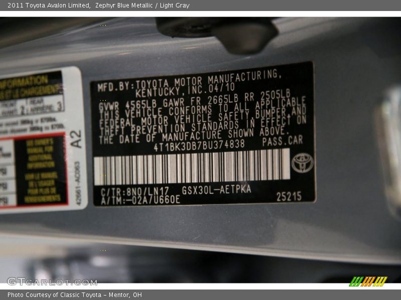 Zephyr Blue Metallic / Light Gray 2011 Toyota Avalon Limited