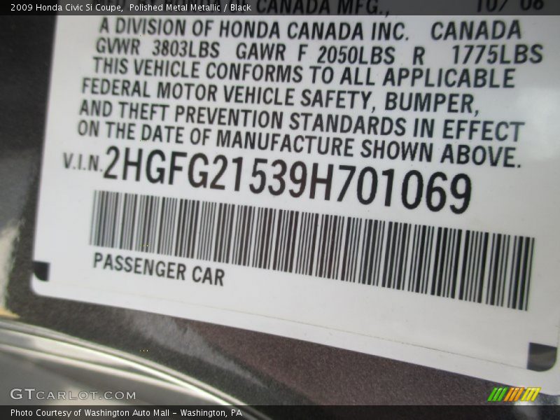 Polished Metal Metallic / Black 2009 Honda Civic Si Coupe