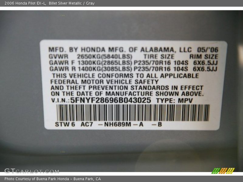 Billet Silver Metallic / Gray 2006 Honda Pilot EX-L