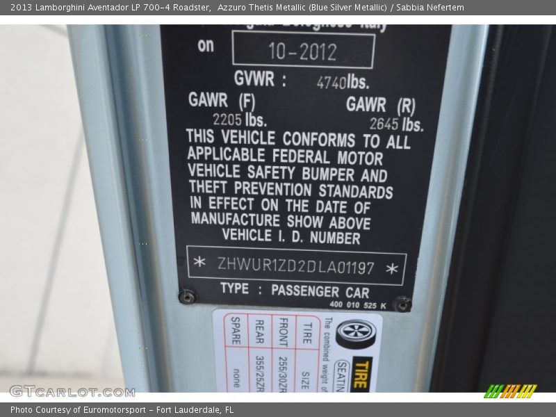 Info Tag of 2013 Aventador LP 700-4 Roadster
