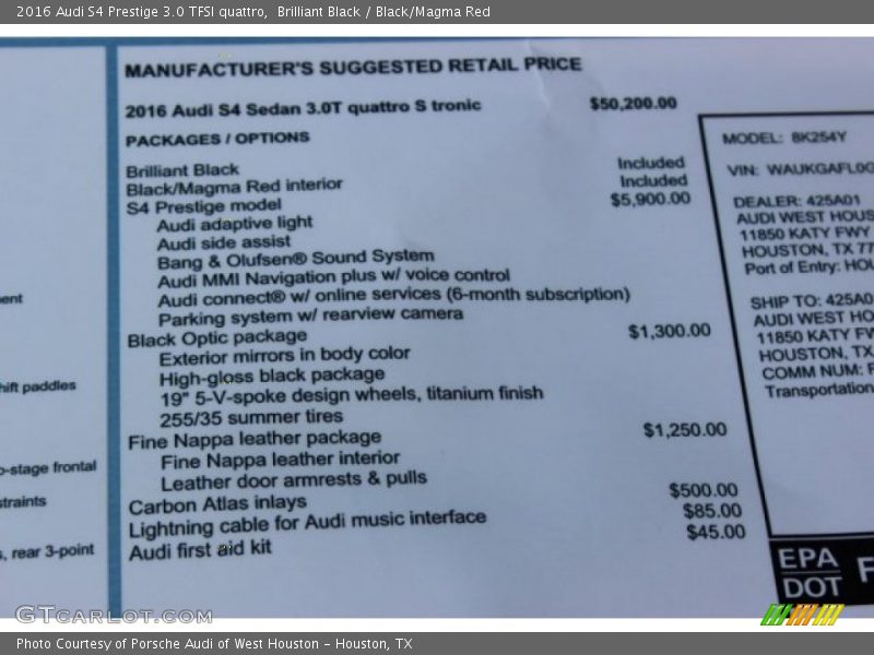  2016 S4 Prestige 3.0 TFSI quattro Window Sticker