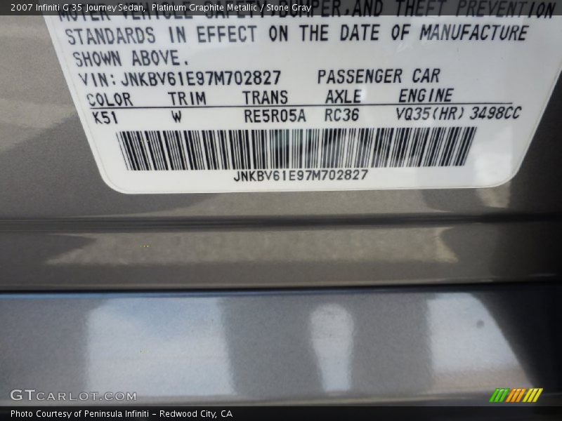Platinum Graphite Metallic / Stone Gray 2007 Infiniti G 35 Journey Sedan