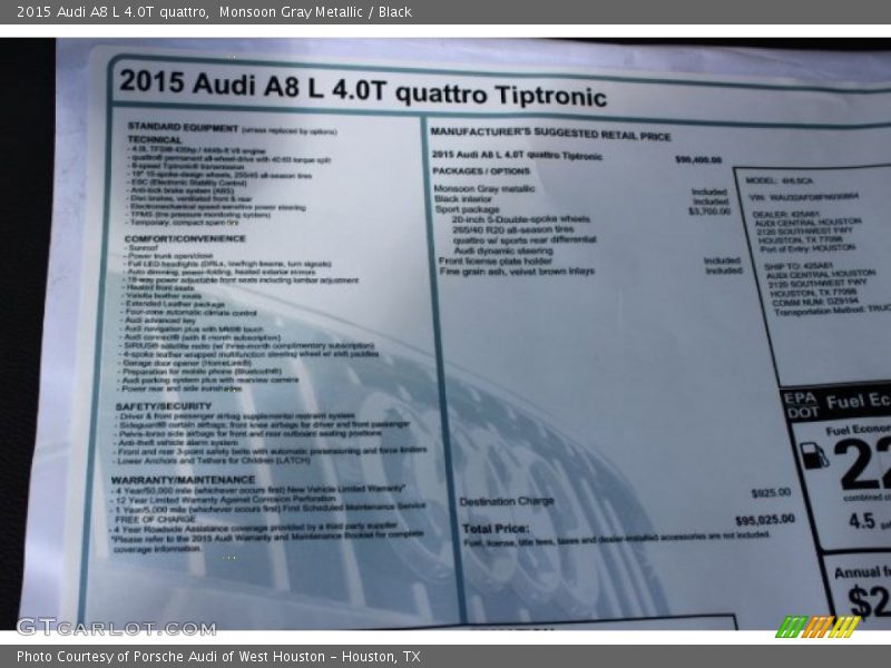 Monsoon Gray Metallic / Black 2015 Audi A8 L 4.0T quattro