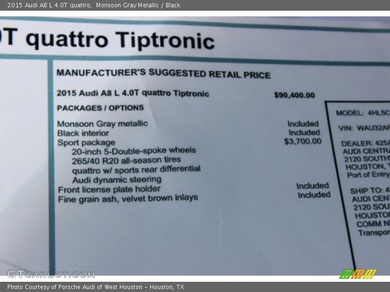 Monsoon Gray Metallic / Black 2015 Audi A8 L 4.0T quattro