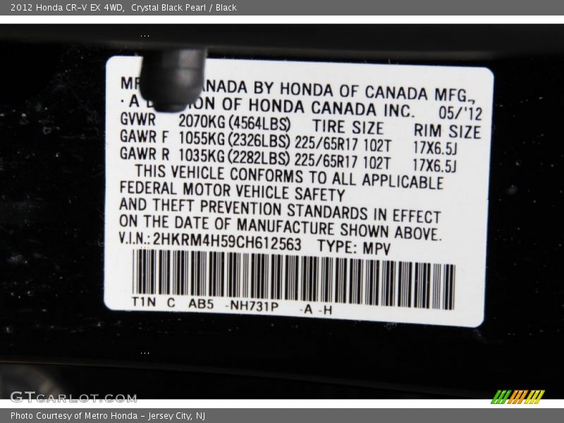 Crystal Black Pearl / Black 2012 Honda CR-V EX 4WD