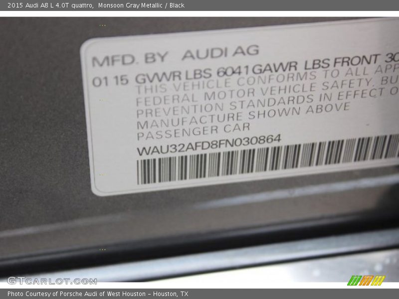 Monsoon Gray Metallic / Black 2015 Audi A8 L 4.0T quattro
