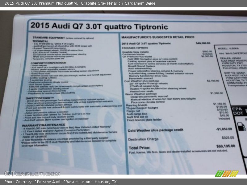 Graphite Gray Metallic / Cardamom Beige 2015 Audi Q7 3.0 Premium Plus quattro
