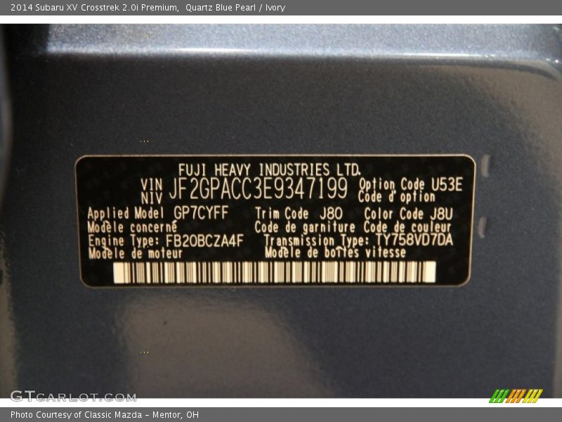Quartz Blue Pearl / Ivory 2014 Subaru XV Crosstrek 2.0i Premium