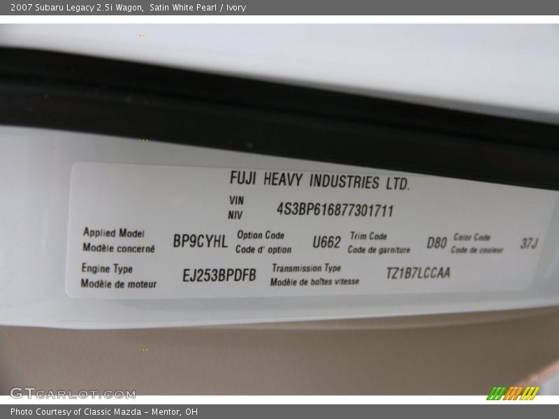 Satin White Pearl / Ivory 2007 Subaru Legacy 2.5i Wagon