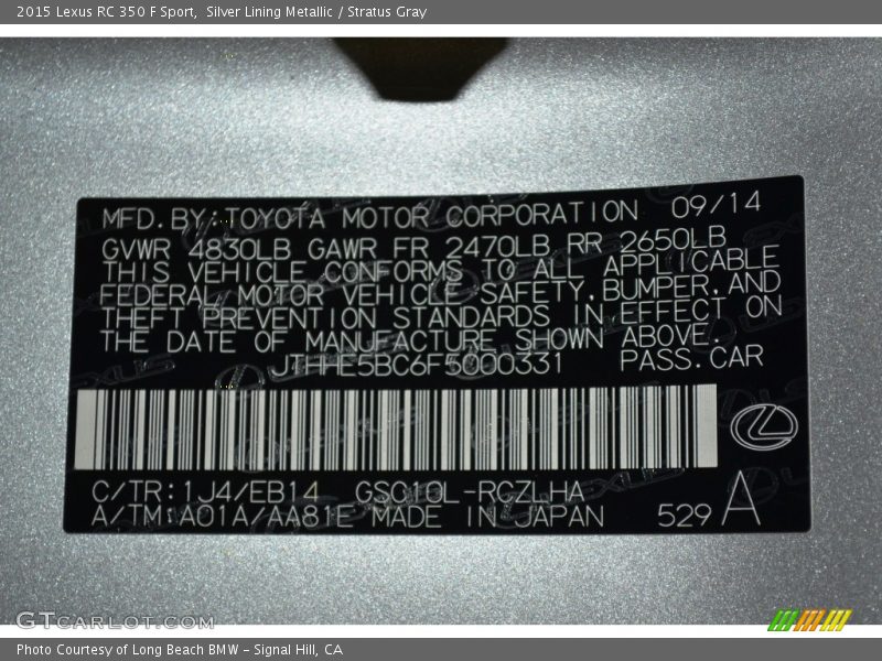 2015 RC 350 F Sport Silver Lining Metallic Color Code 1J4