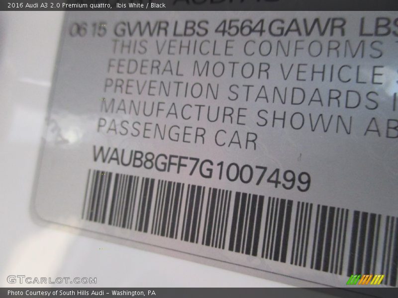 Ibis White / Black 2016 Audi A3 2.0 Premium quattro