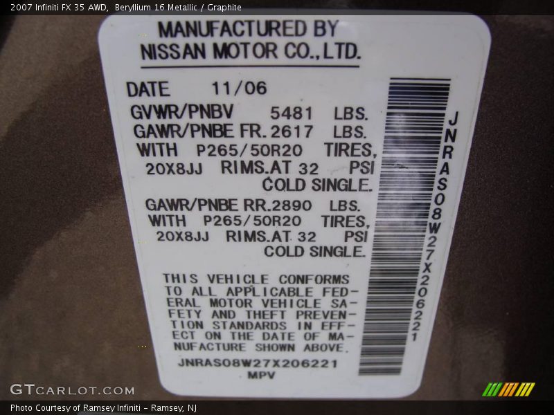 Beryllium 16 Metallic / Graphite 2007 Infiniti FX 35 AWD