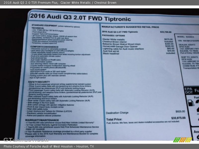 Glacier White Metallic / Chestnut Brown 2016 Audi Q3 2.0 TSFI Premium Plus