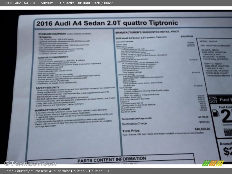  2016 A4 2.0T Premium Plus quattro Window Sticker