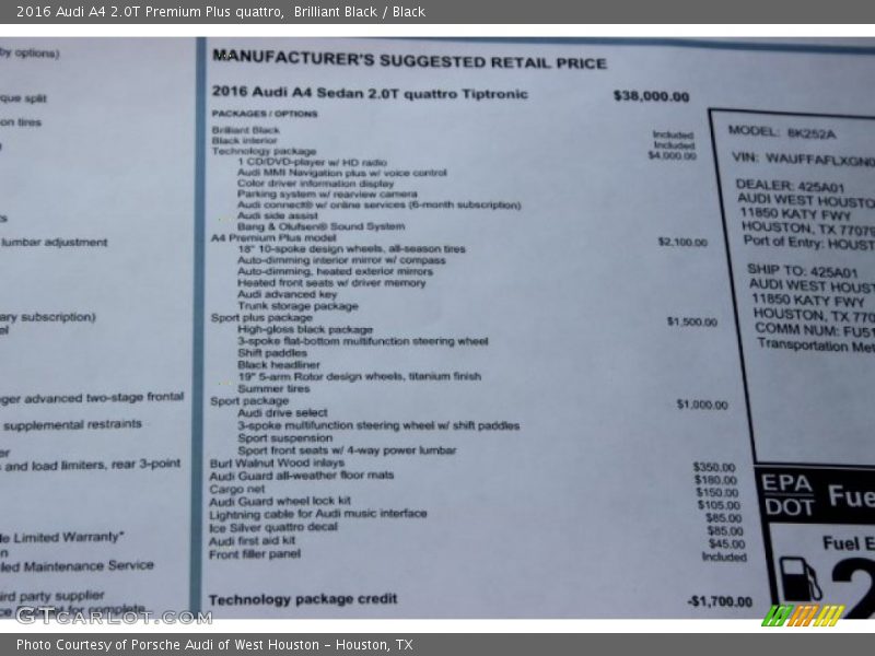  2016 A4 2.0T Premium Plus quattro Window Sticker