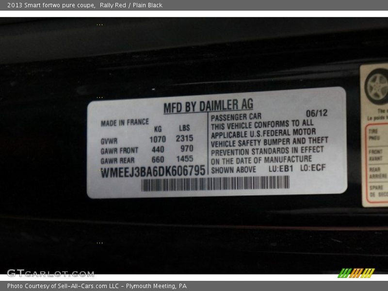 Rally Red / Plain Black 2013 Smart fortwo pure coupe